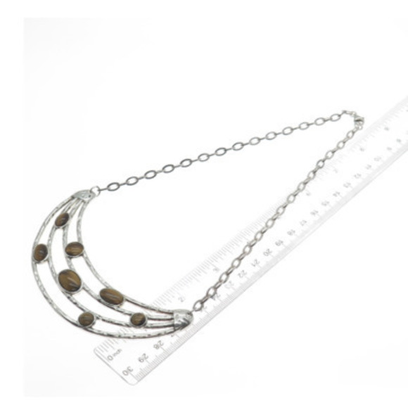 925 Sterling Silver Vintage Real Tiger Eye Modernist Crescent Chain Necklace 18"